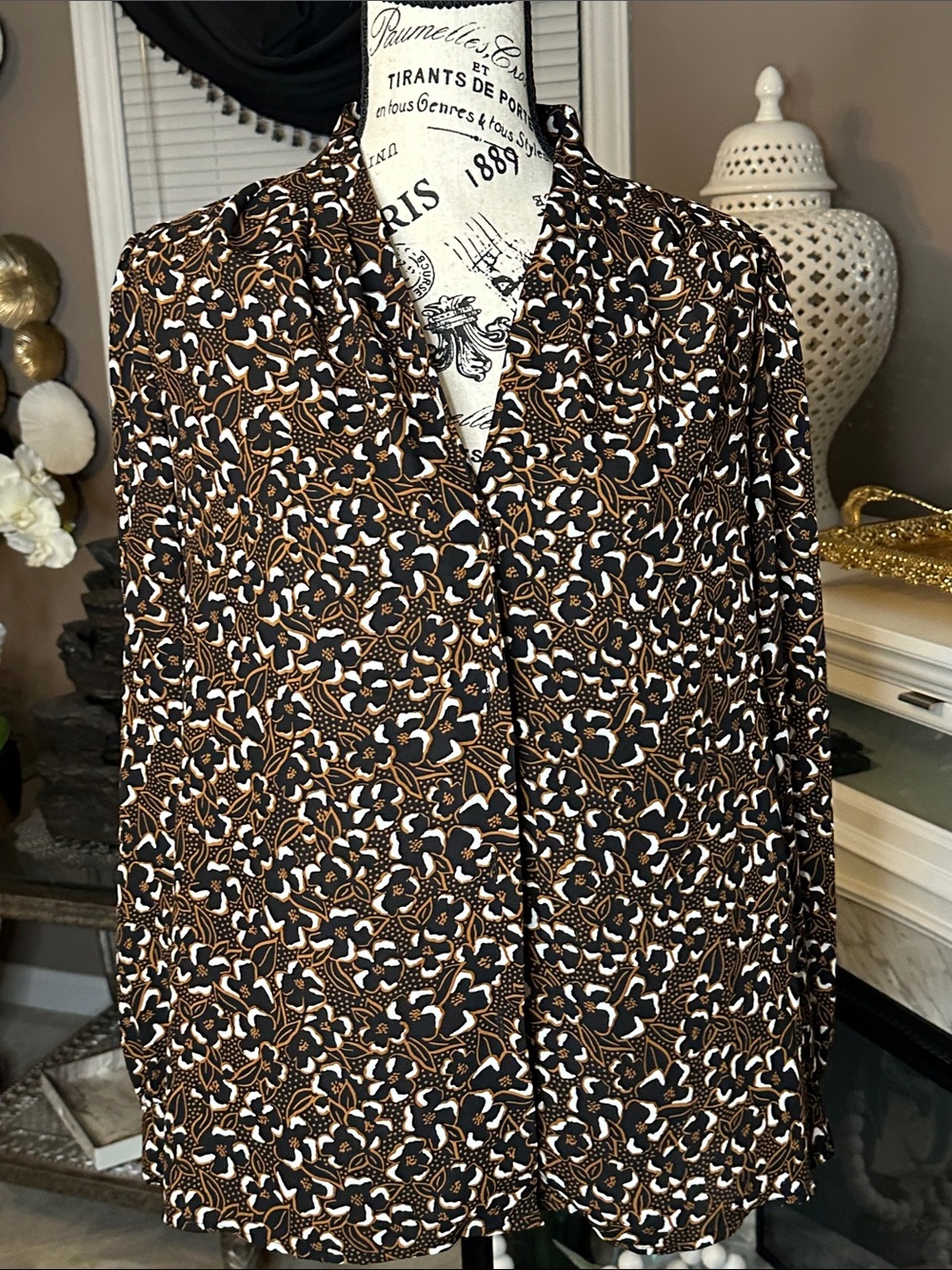 Nine West Black and Brown Floral-Print Button-Down Shirt